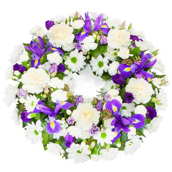 wreath of white and purple mixed flowers