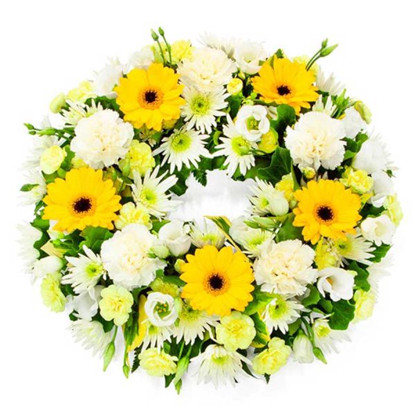 Wreath of yellow and white flowers