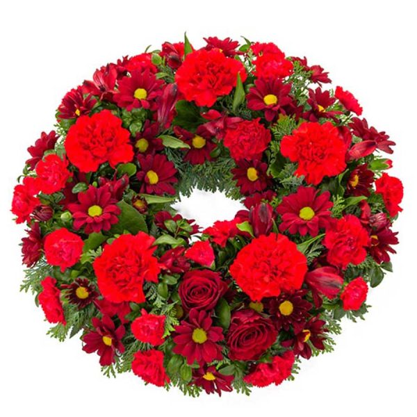 wreath of mixed red flowers