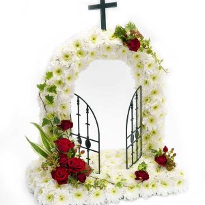 Gates of Heaven tribute made of flowers