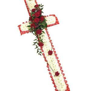 Coffin cross in white flowers with coloured spray